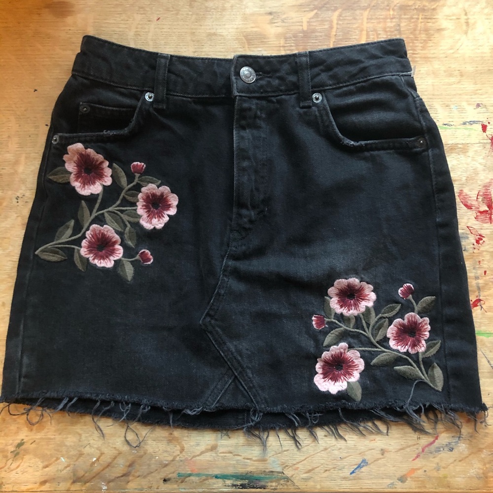 Black Jean Skirt with Embroidered Flowers